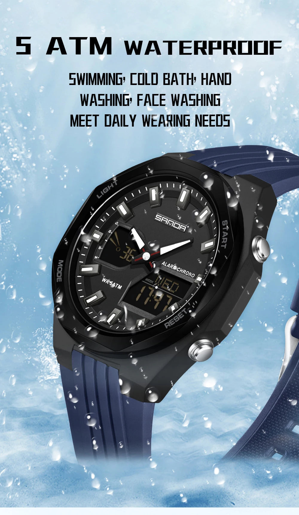 Fashion SANDA 6267 Men's Electronic Watch Multifunctional Operation Night light waterproof Dual Display Student Electronic Watch
