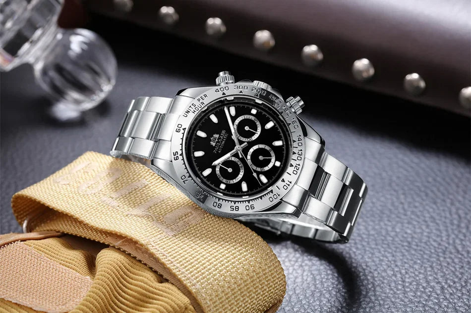 Automatic Mens Watch Self Wind Mechanical Gold Stainless Steel Glacier Ice Blue Dial Chestnut Brown Bezel Luminous Men Watches