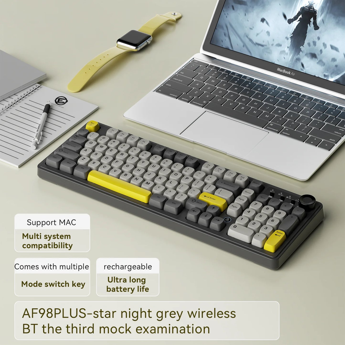 AJAZZ AF98 Wired/Wireless Keyboard Mechanical Feel Office Long Battery Life Three-Mode RGB Mixed Light ABS Keycaps Ergonomics