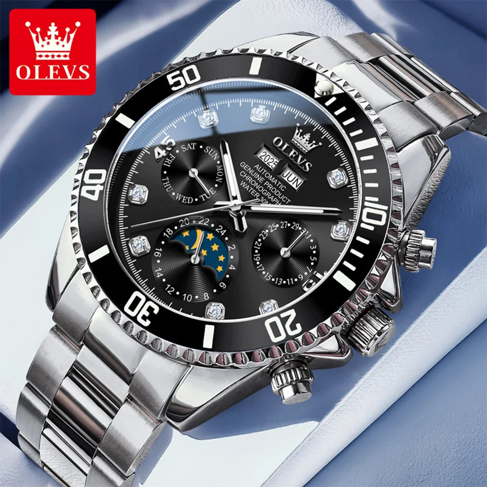 OLEVS 6729 Original Men's Watches Stainless Steel Waterproof Luminous Date Week Moon Phase Automatic Mechanical Watches for Man