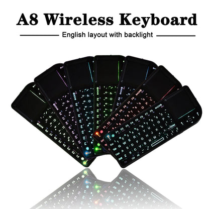 A8 Mini Wireless Keyboard 2.4G 7 Color Backlit 3 in 1 Handheld Keyboard with Touchpad Air Mouse for Android TV Box PC Tablet