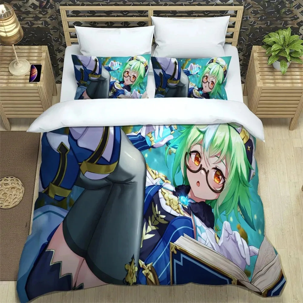 Anime Genshin Impact-beddengoedset voor jongens en meisjes, Twin/Queen Size dekbedovertrek met kussensloop, bedtextiel voor kinderen en volwassenen, modieuze woontextiel