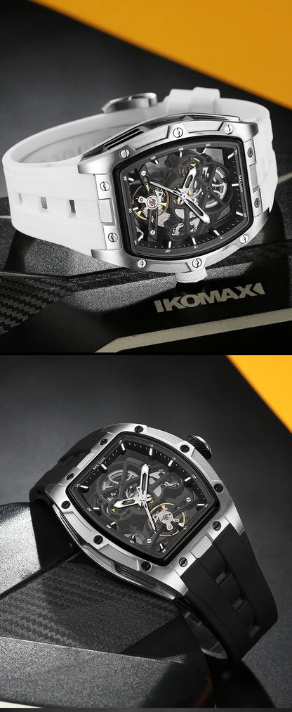 MEGIR Automatic Wristwatch Men Fashion Black Silicone Strap Wateproof Luminous Sport Mechanical Watch with Tonneau Dial 2242