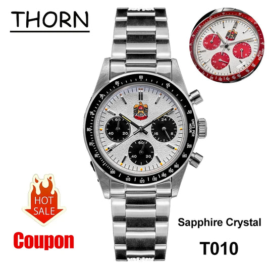 Thorn T010 37mm Quartz Watch VK63 Movement Mens Chronograph Watch Sapphire K9 Glass Luminous Waterproof Fashionable Retro Watch