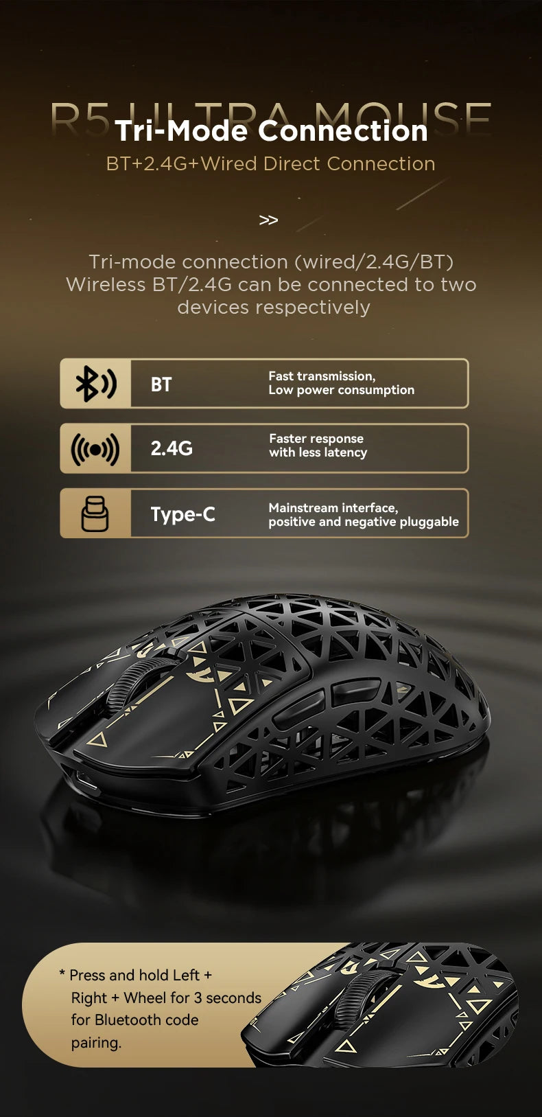 Bezdrátová herní myš ATTACK SHARK R5 Ultra Carbon Fiber, herní senzor PixArt PAW3950MAX, 42000DPI, 8000Hz, MCU Nordic 52840