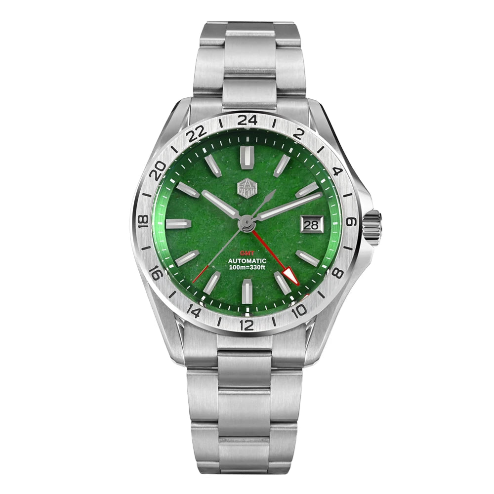 Relógio de Luxo para Homem San Martin 39mm com Mostrador em Pedra Aventurina, NH34 GMT Automático Mecânico, Safira, Impermeável e Luminescente SN0129