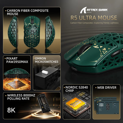Bezdrátová herní myš ATTACK SHARK R5 Ultra Carbon Fiber, herní senzor PixArt PAW3950MAX, 42000DPI, 8000Hz, MCU Nordic 52840