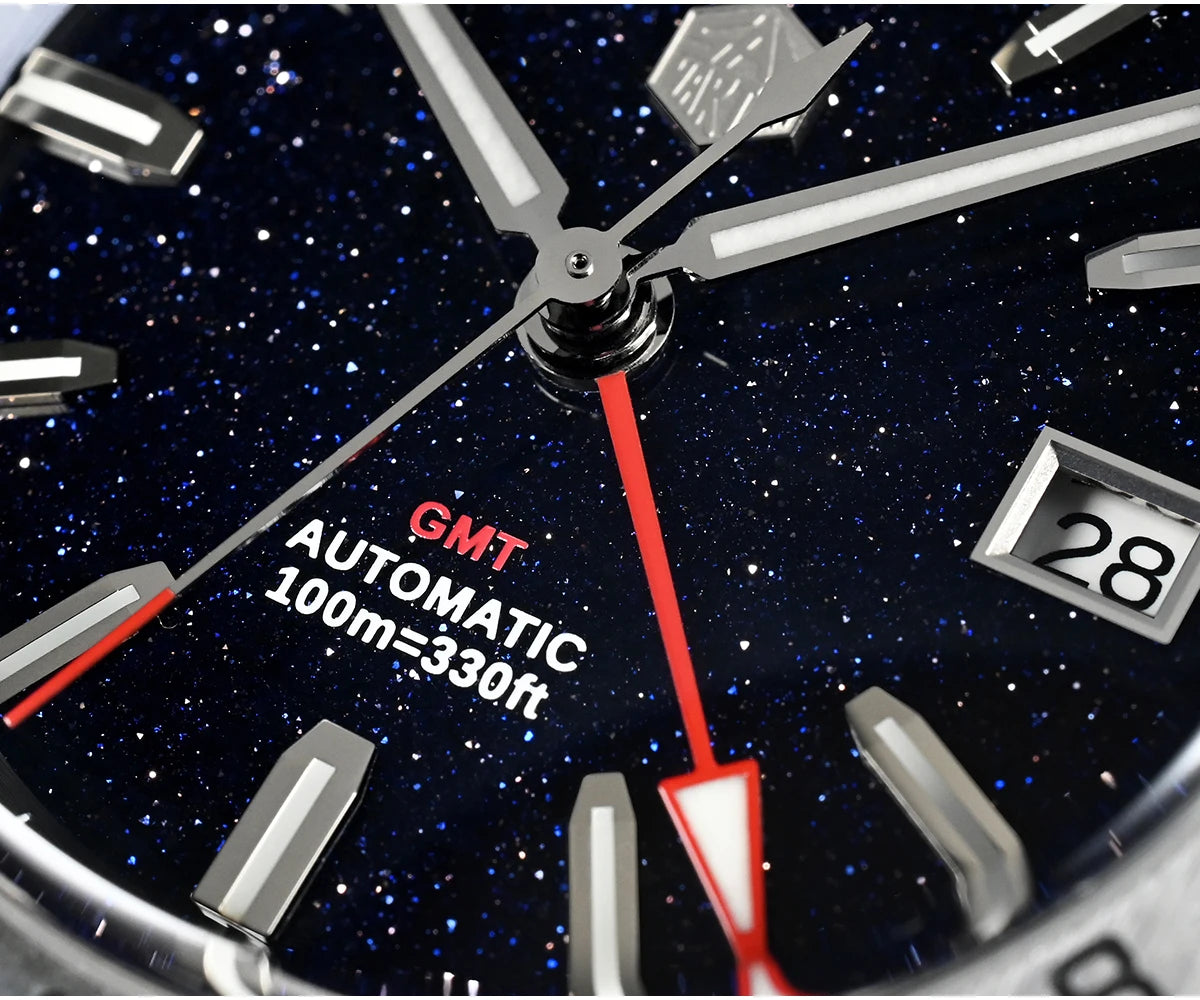 Relógio de Luxo para Homem San Martin 39mm com Mostrador em Pedra Aventurina, NH34 GMT Automático Mecânico, Safira, Impermeável e Luminescente SN0129