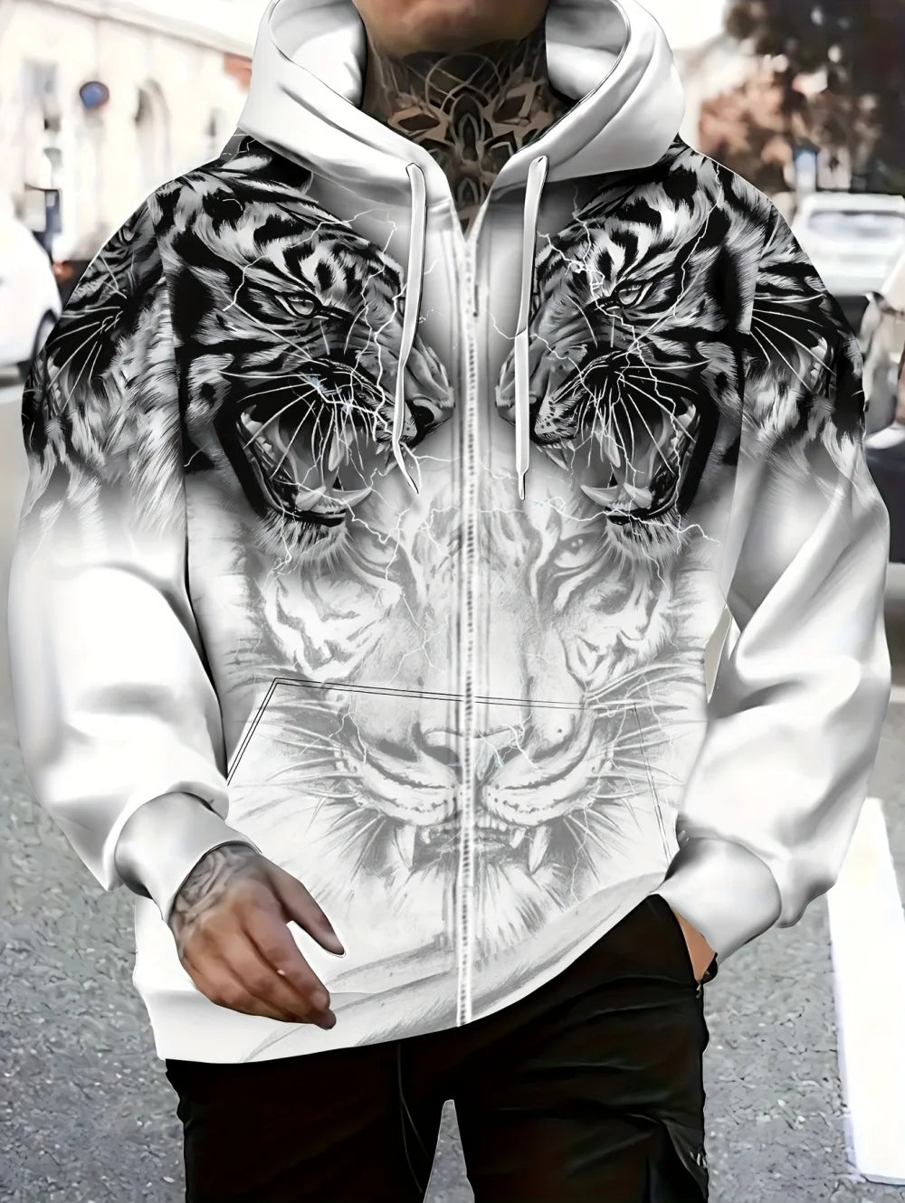 2025 Mens Long Sleeve Zip up Tiger Graphic Hoodie Casual Outdoor Fashion Coat with Drawstring and Pockets Zipup Hoodie for Man