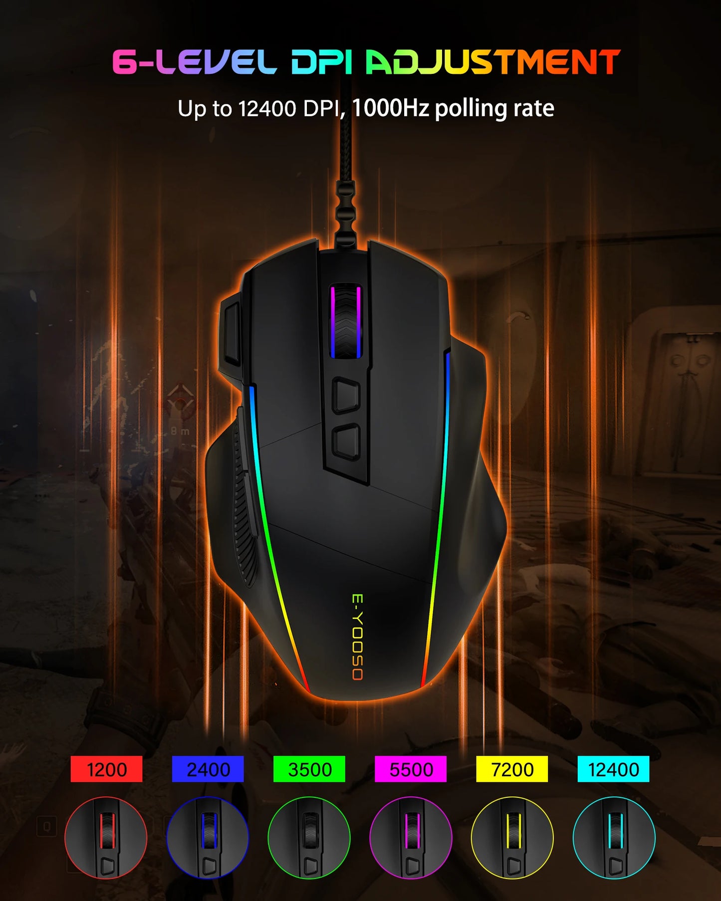 E-YOOSO X49 Wired Gaming Mouse 12400 DPI Adjustable, RGB Backlit, 8 Programmable Buttons, Ergonomic Gamer Mouse for PC Laptop