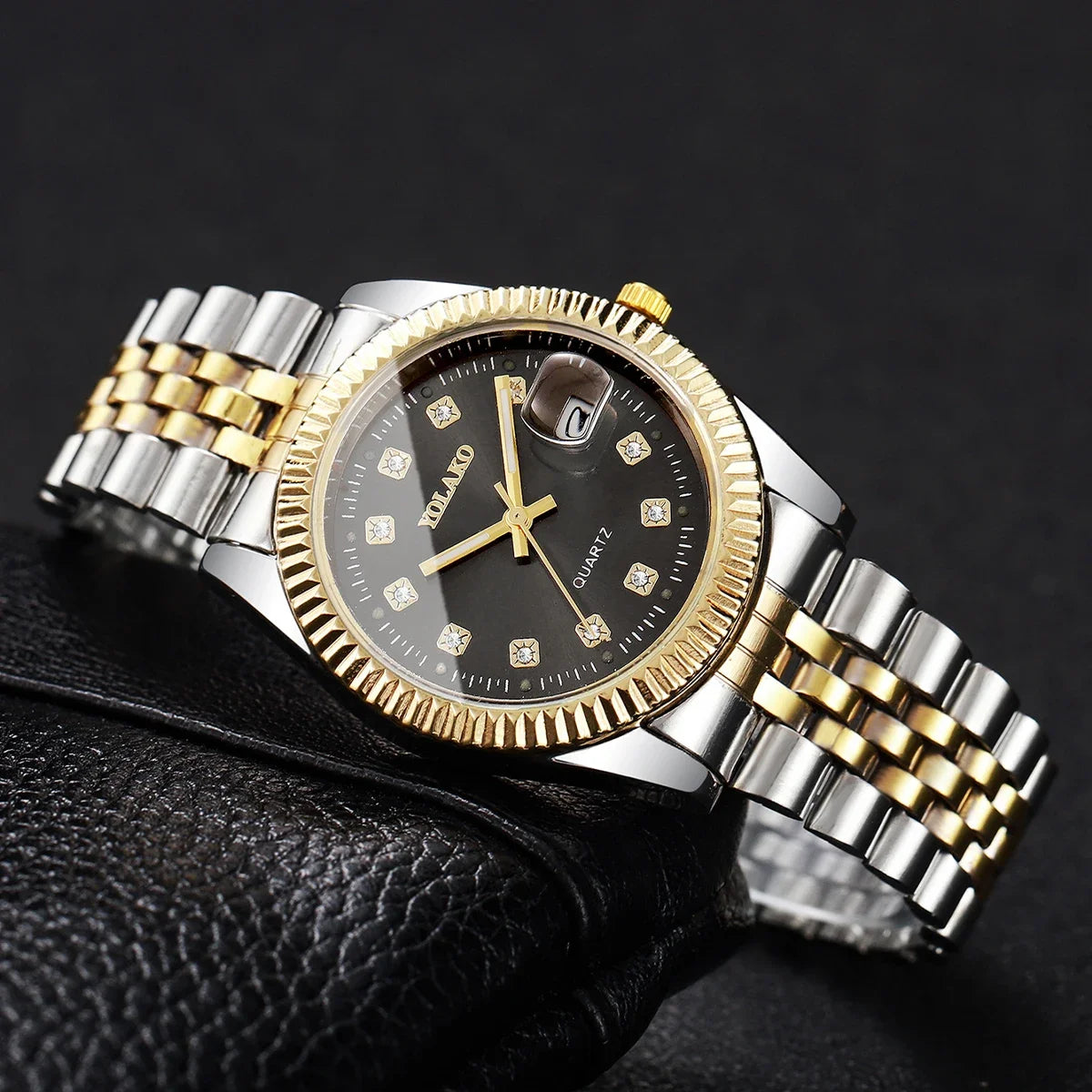 Luxury Men Business Watches Fashion Rhinestone Steel Calendar Quartz Watch Reloj Hombre Clock Gift（Without Box）