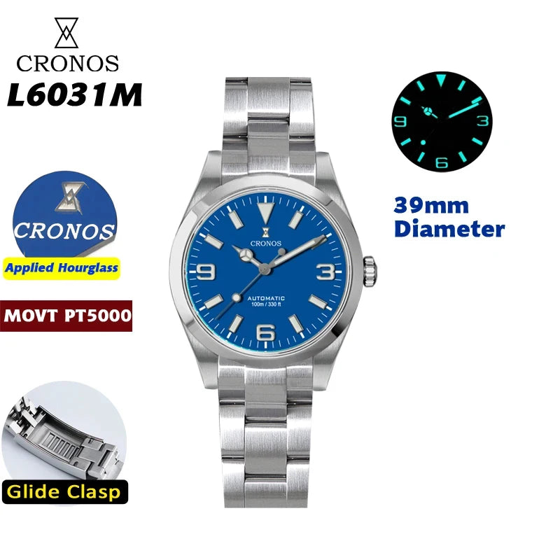 Cronos EX Diver Mechanical Men Watch 39mm Automatic PT5000 / Miyota 90S5 Sapphire Glass Bushed Bracelet Glide Clasp 10ATM L6031