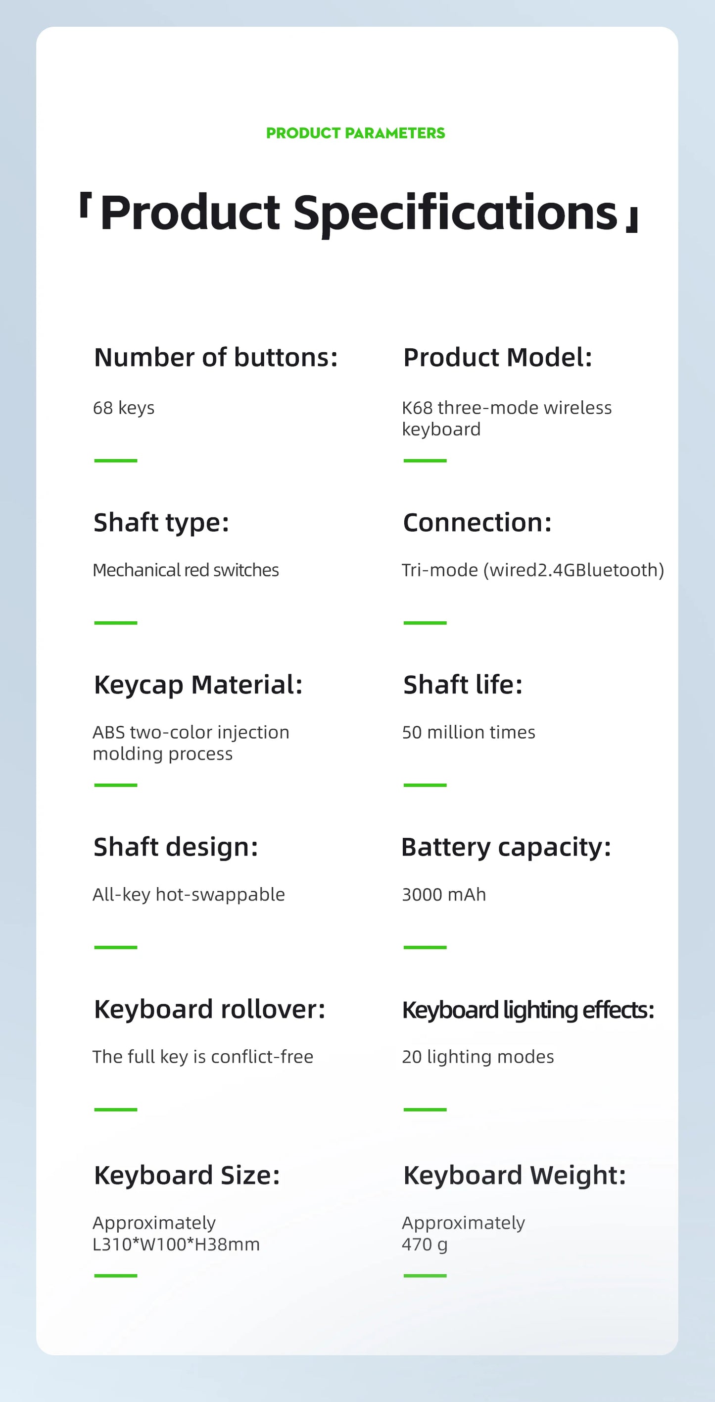 K68 68Key Wireless Mechanical Keyboard Tri-mode Connection, Full Key Hot Swap, RGB lighting Effects, L