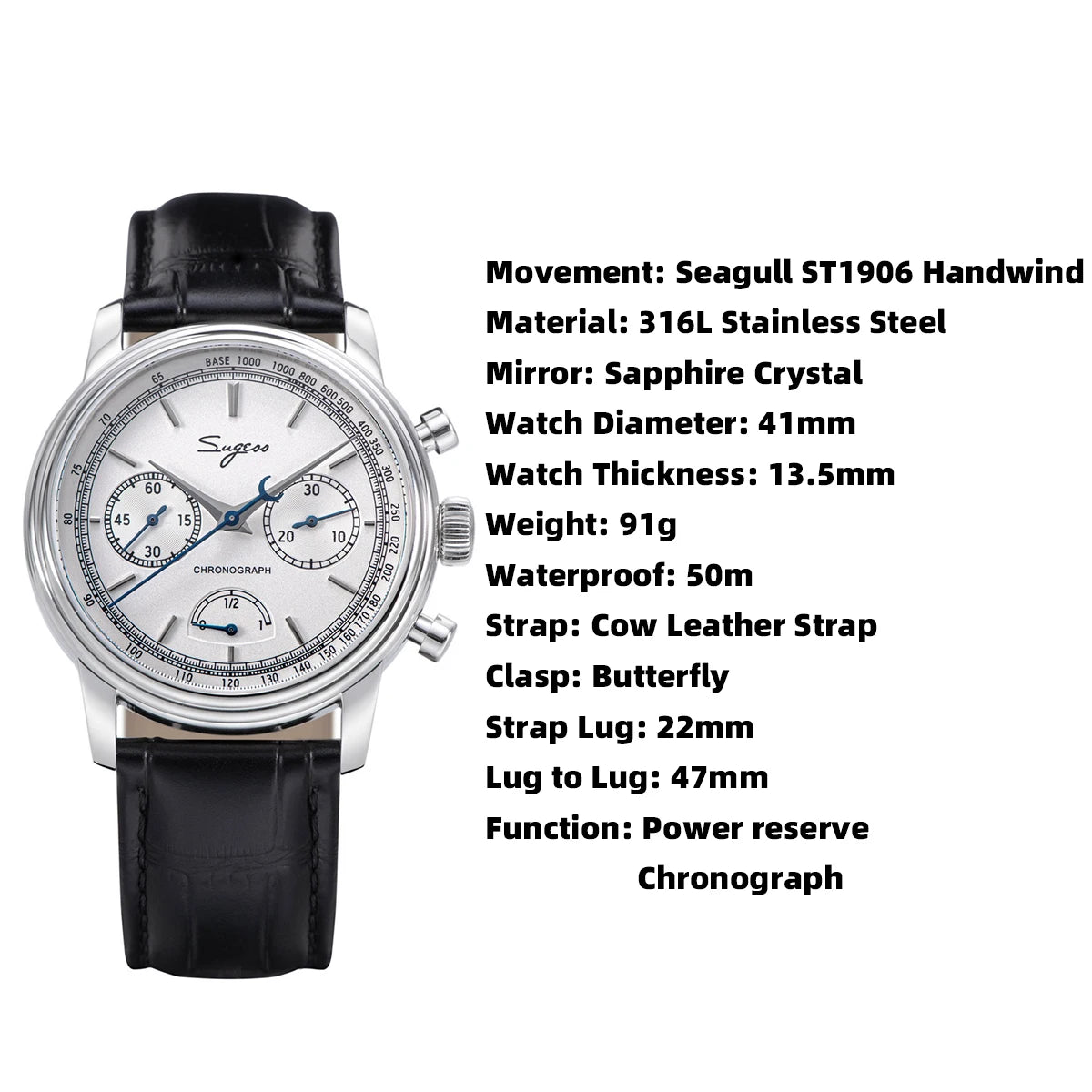 Sugess Men's Pilot 1963 Wristwatch ST1906 Chronograph Handwind Movement Domed Sapphire Waterproof Power Reserve Lume V2