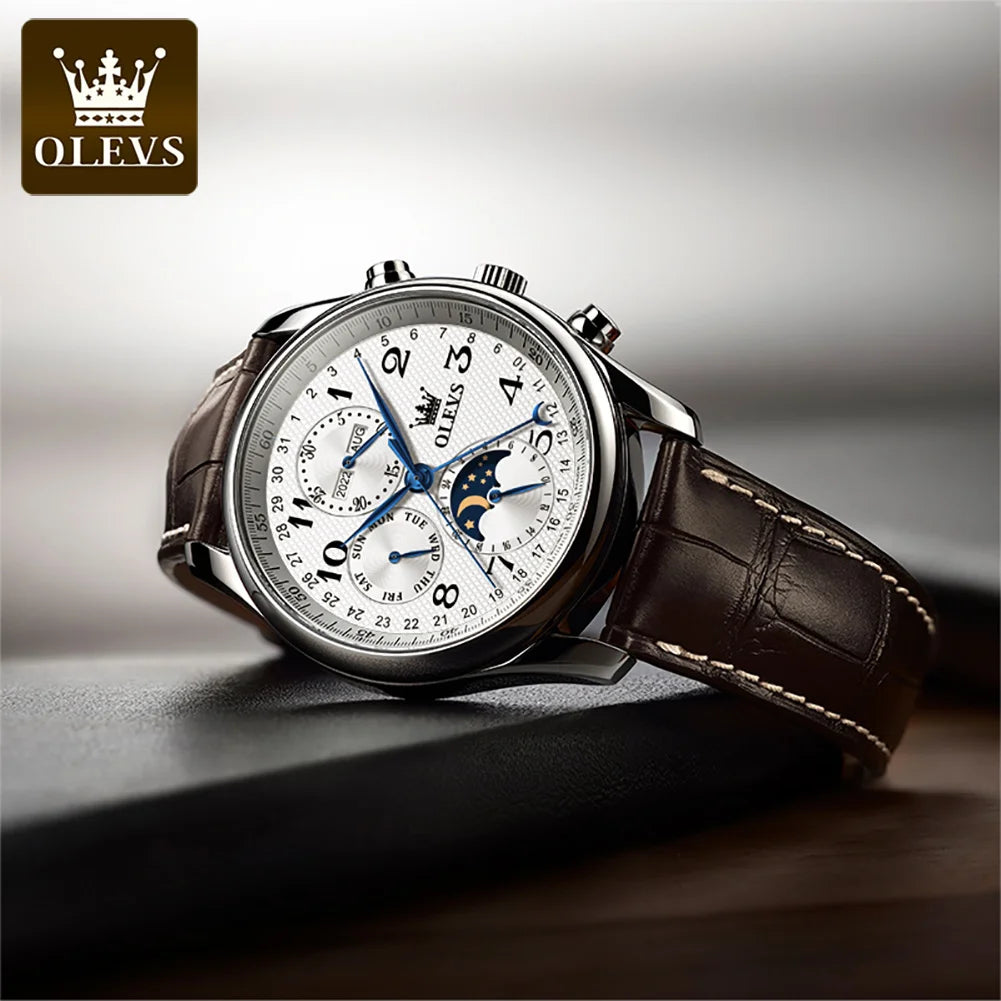 OLEVS 6667 Mens Watch Multifunctional Chronograph Mechanical Watch Leather Strap Moon Phase Watches For Man Luxury Original