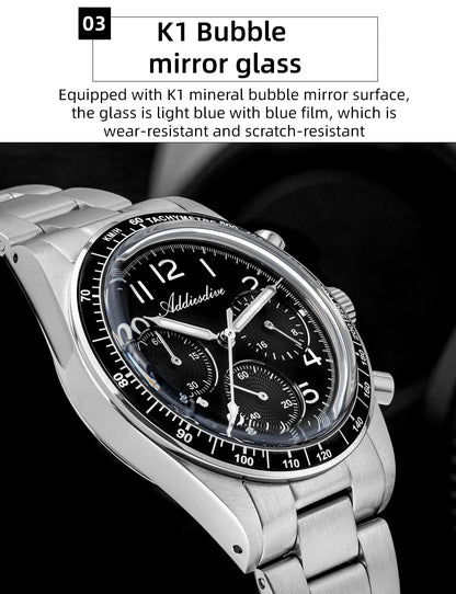 ADDIESDVIE Men Watch Reloj Hombre 10Bar Waterproof AD2517 BGW9 Super Luminous 316L Stainless Steel VK63 Chronograph Quartz Watch