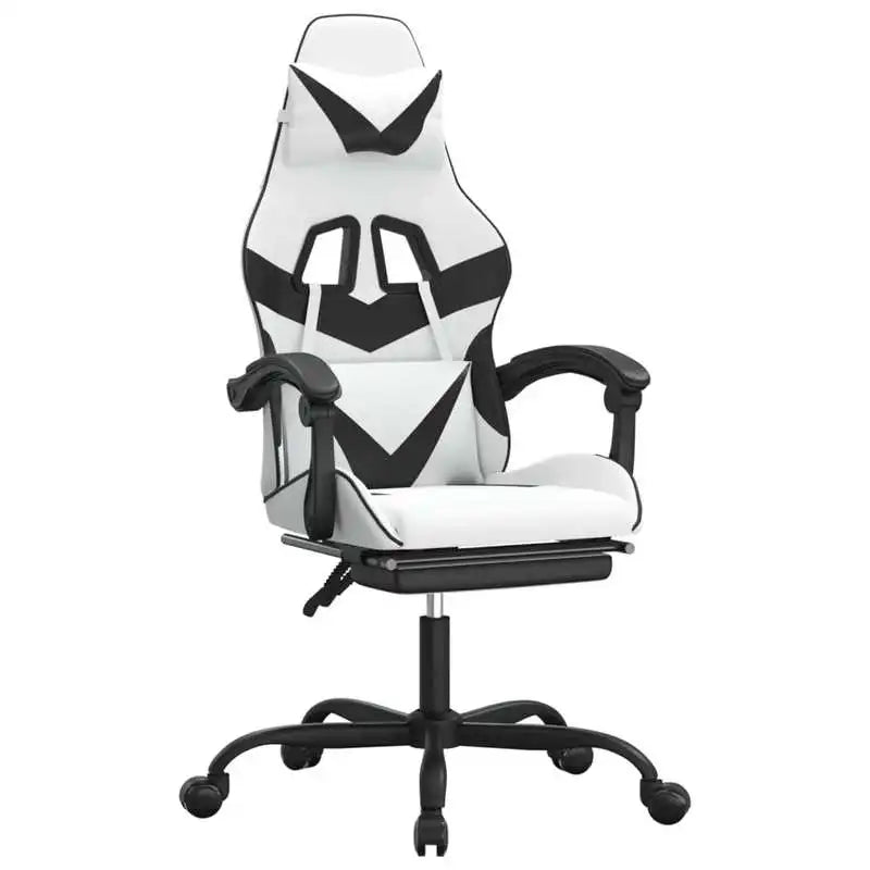 Gaming Chair with Footrest White and Black 57.5X59.5X121-131 cm in Imitation Leather, 360 Swivel Reclining Seat ° Can Carry 110 kg