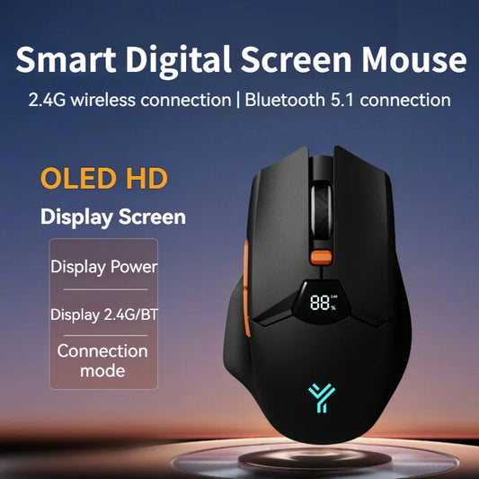 Wireless Bluetooth Mouse with Smart Screen Display, Dual Mode Bluetooth 5.1 & 2.4G Rechargeable Silent Mouse, 6400 DPI Ergonomic Office Mouse for Laptop, Tablet & Notebook
