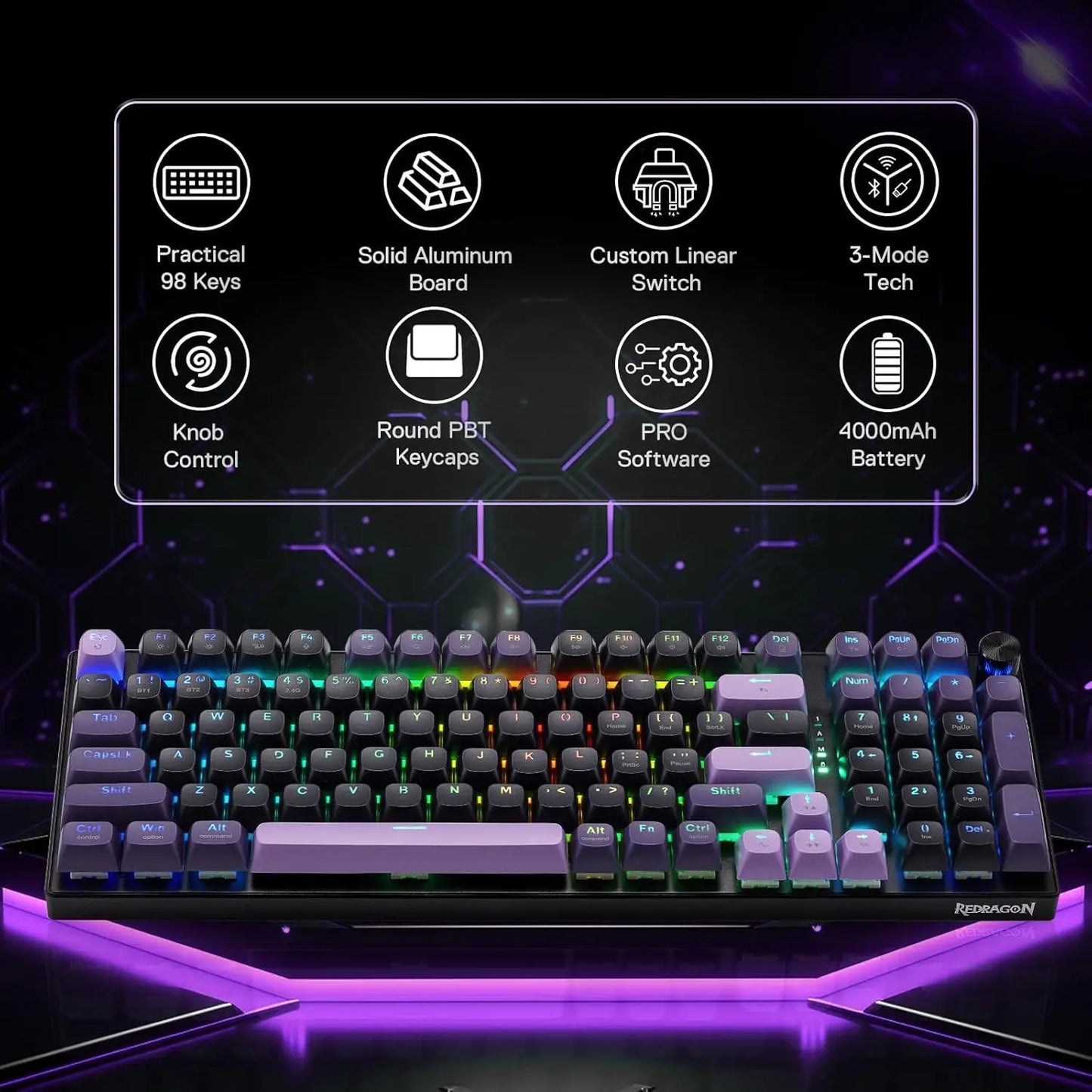 Redragon K740 PRO 98 Keys Wireless RGB Gaming Keyboard, 3-Mode PBT Mechanical Keyboard w/Solid Aluminum Base,