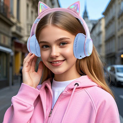RGB Cat Ear Bluetooth Headphones Wireless Kids Headset with Microphone, Gradient LED Light Gaming Headphones, Stereo Music Bluetooth 5.3 Earphones for Girls