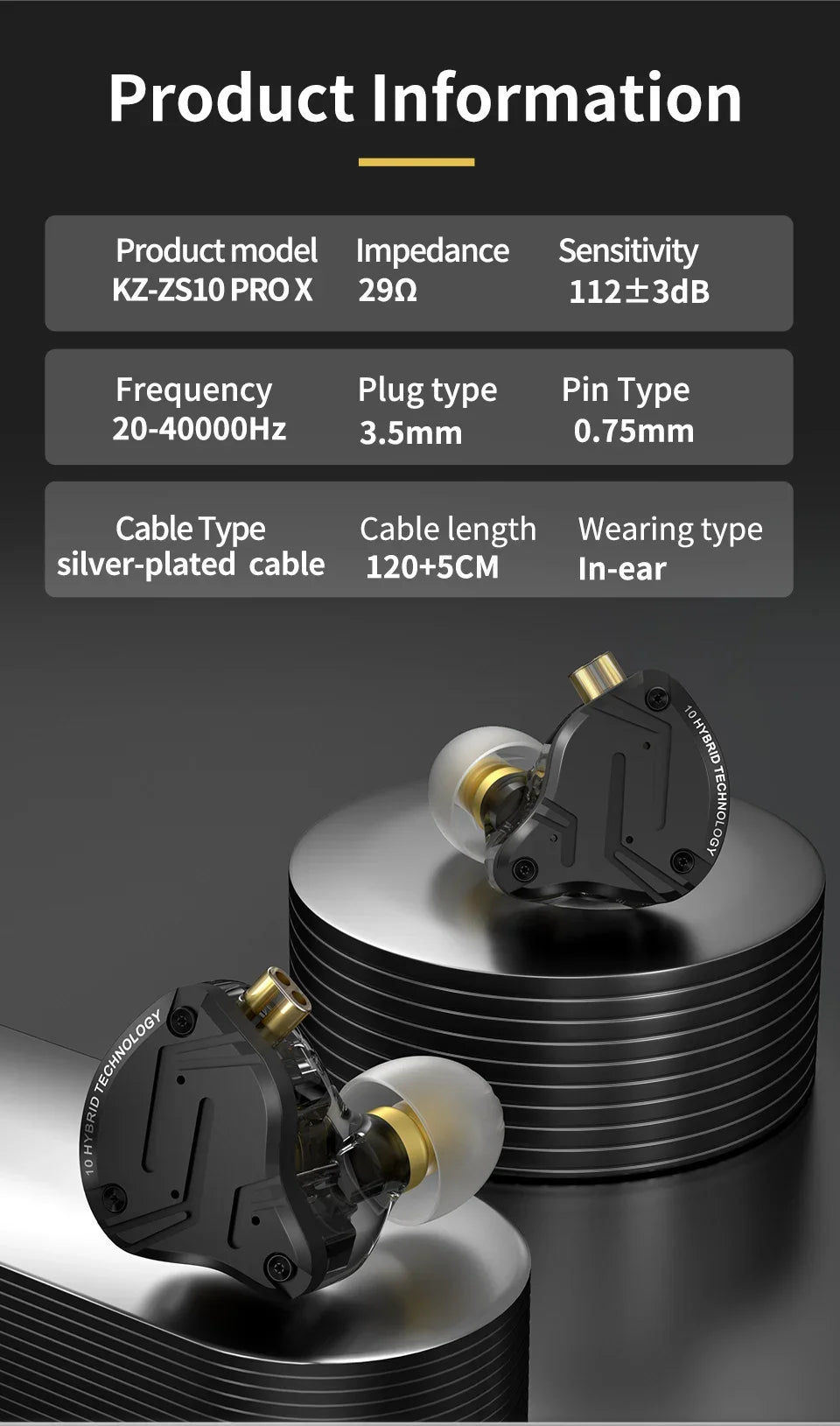 KZ ZS10 Pro X HiFi Hybrid Driver Earphones Wired In-Ear Monitor Headphones with Metal Shell, Bass Earbuds, Detachable Cable & Microphone