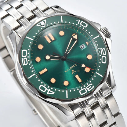 Parnsrpe Nouvelle montre de plongée automatique Miyota 8215 pour homme, sport de luxe, cadran vert, luminescent, verre saphir, date, étanche, bus