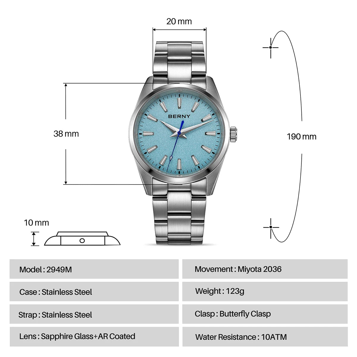 BERNY Men's Watch Luminous AR Sapphire 10ATM Classic  Dress Business Quart Watches for Men Fashion Casual Wristwatch