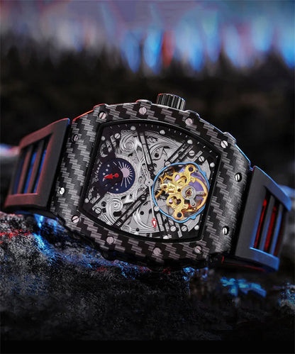 Mechanické hodinky s tourbillonem pro muže, silikonový řemínek, skeletové, tvaru tonneau, automatické, luxusní pánské hodinky Reloj Hombre