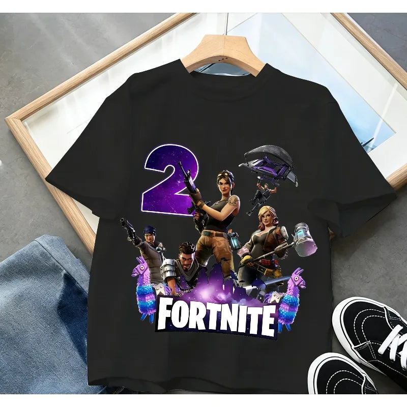 Fortnite Kinder-Geburtstagszahl-T-Shirt für Mädchen und Jungen, Sommerkleidung, Baby-T-Shirt aus Baumwolle, kurzärmliges Party-Oberteil, Geschenk für Kleinkinder