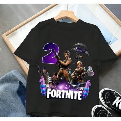 Fortnite Kinder-Geburtstagszahl-T-Shirt für Mädchen und Jungen, Sommerkleidung, Baby-T-Shirt aus Baumwolle, kurzärmliges Party-Oberteil, Geschenk für Kleinkinder