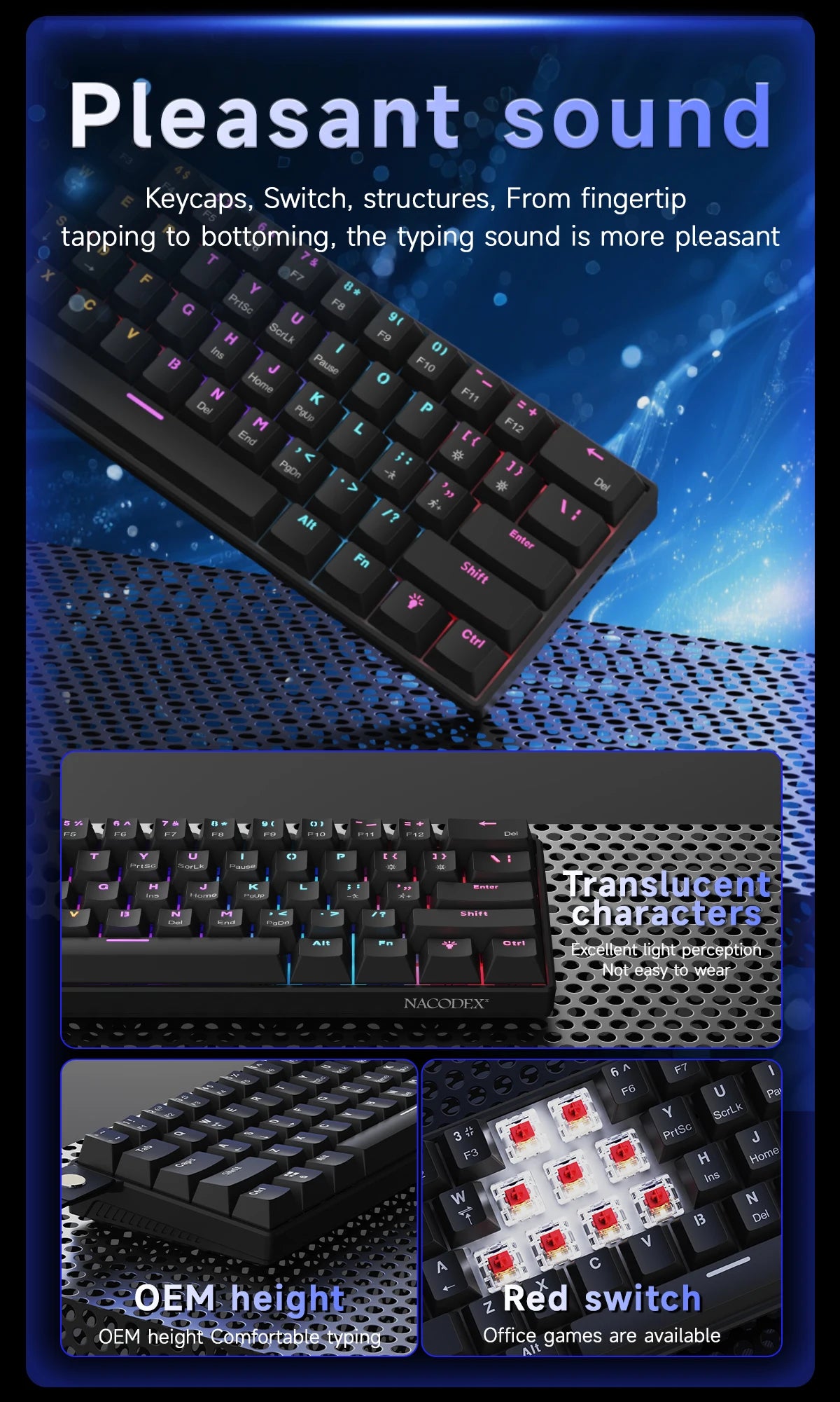 Ajazz NK61 Wired Mechanical Gaming Keyboard 61 Keys RGB Hot-Swap Mixed Color Red Switch Compatible with Win/Mac for Gamers