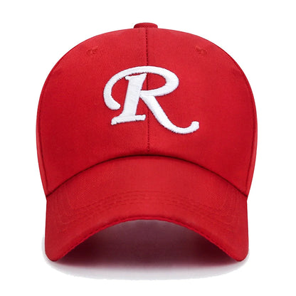 R-Buchstabe, Bandstickerei, Baumwolle, verstellbar, Baseballkappe mit festem Schirm, Sonnenhut, Trucker-Caps, Hip-Hop-Caps