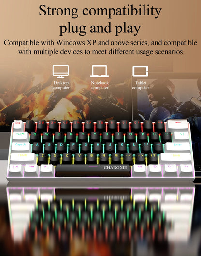 60% Compact Wired Mechanical Keyboard 61 Keys RGB Backlight Red Switch Ergonomic Small Portable for Office Computer Windows Tablet