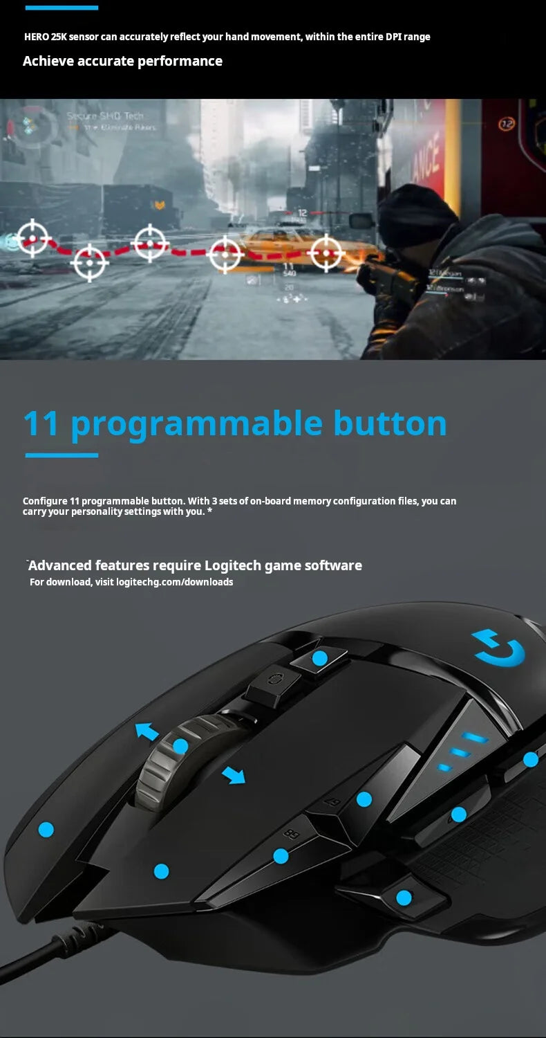 Logitech G502 HERO vysoce výkonná drátová herní myš, senzor HERO 25K, 25,600 DPI, RGB, nastavitelné závaží, 11 tlačítek, myš pro PC/Mac