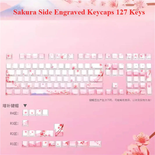 Sakura Pink Side Engraved Keycap Set PBT Translucent 127 Keys for MX Switch 60/84/90/104/108 Mechanical Keyboards