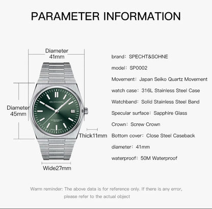 2025 SPECHT&SOHNE New Rubber Strap Fashion Quartz Watches For Men Stainless Steel Watch Ice Blue Luminous Sapphire Crystal 5BAR