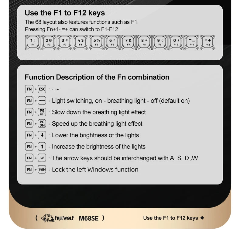 FREEWOLF M68SE 68 key wired mini keyboard, designed ergonomically, dazzling lights and compatible with multiple systems