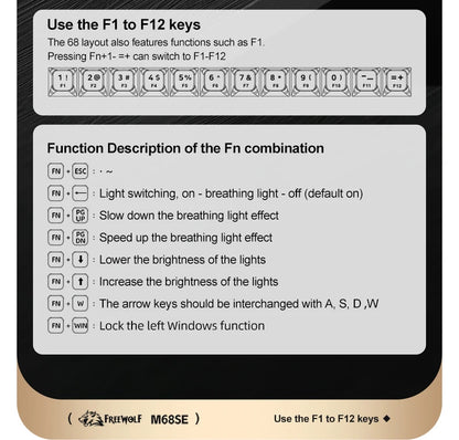 FREEWOLF M68SE 68 key wired mini keyboard, designed ergonomically, dazzling lights and compatible with multiple systems