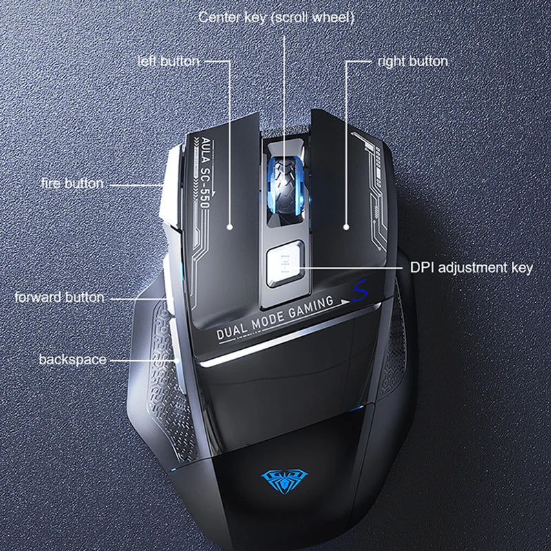 AULA SC550 žaidimų pelė, 2.4G belaidė makro pelė su RGB apšvietimu, ergonomiško dizaino e. sporto pelė, PC priedai
