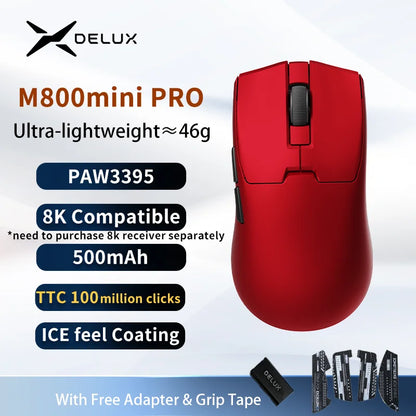 Delux M800mini Wireless Gaming Mouse, 46g Lightweight, PAW3395/PAW3311, 1KHz Polling Rate for Small to Medium Hand PC Gamer