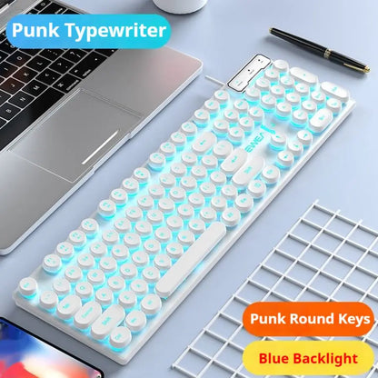 EWEADN GX330 Typewriter Gaming Keyboard, 104 Keys Wired Round Keycaps with Blue Backlit USB Wired Computer External Keyboards
