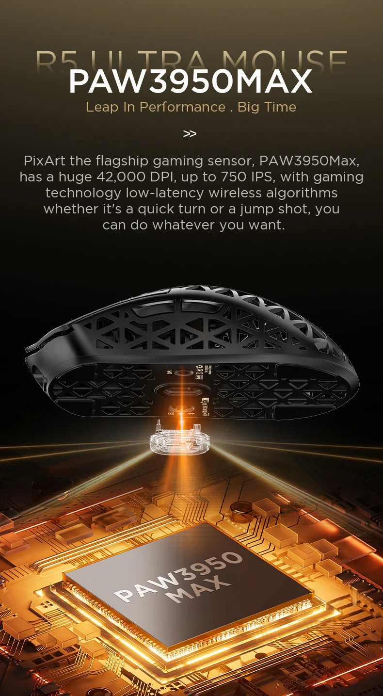 Bezdrátová herní myš ATTACK SHARK R5 Ultra Carbon Fiber, herní senzor PixArt PAW3950MAX, 42000DPI, 8000Hz, MCU Nordic 52840