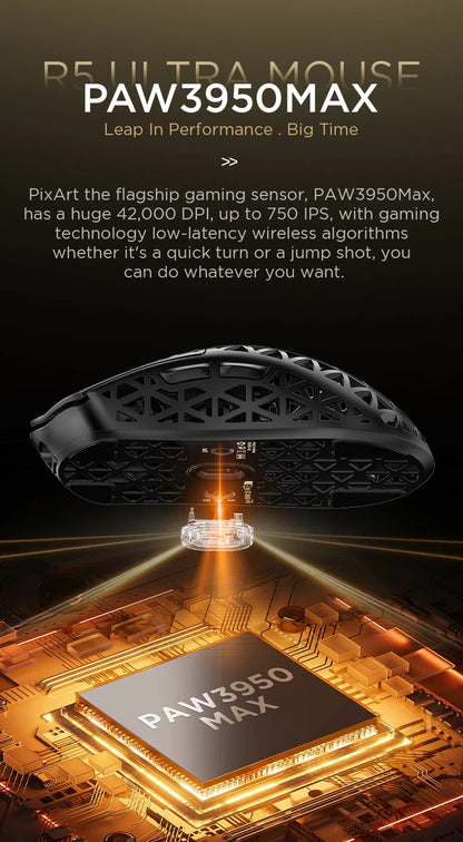 Bezdrátová herní myš ATTACK SHARK R5 Ultra Carbon Fiber, herní senzor PixArt PAW3950MAX, 42000DPI, 8000Hz, MCU Nordic 52840