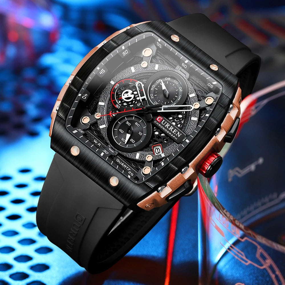 CURREN Tonneau Dial Sport Watch for Men Fashion Waterproof Quartz Wristwatch with Auto Date Yellow Silicone Strap Luminous