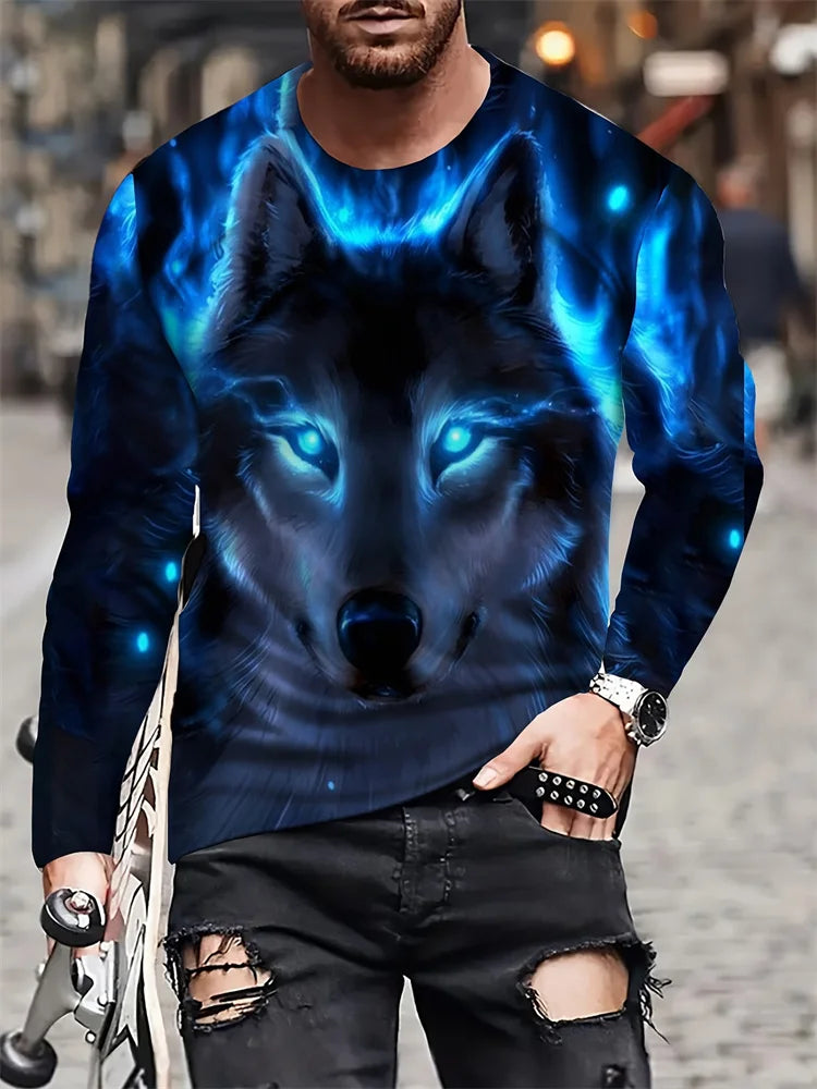 2024 New Wolf Print Men's Long Sleeve T-shirt Spring And Autumn Men's Daily Casual Shirt Street Fashion Men's Long Sleeve T-shir