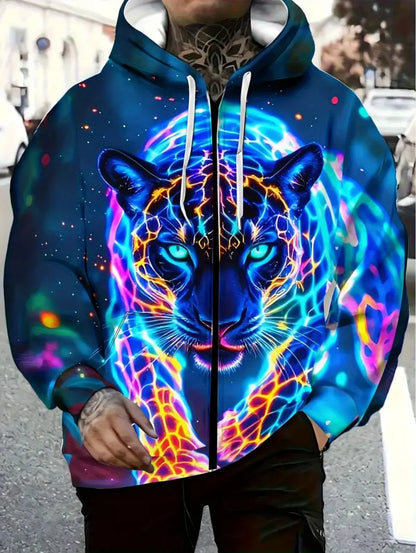 2025 Mens Long Sleeve Zip up Tiger Graphic Hoodie Casual Outdoor Fashion Coat with Drawstring and Pockets Zipup Hoodie for Man