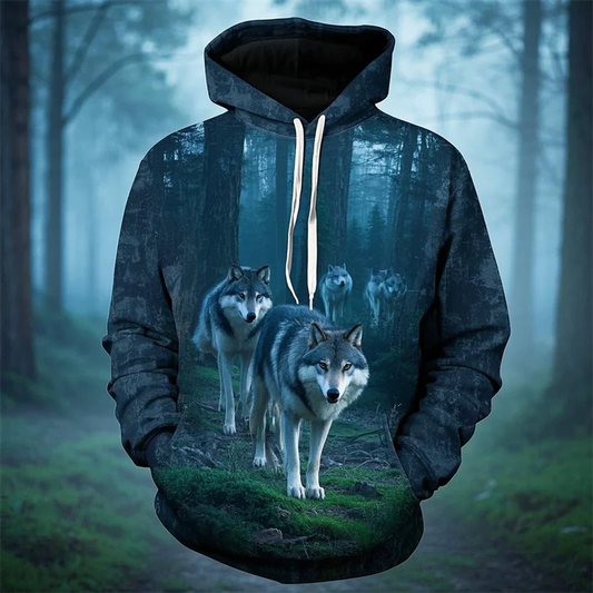 Vintage bluza z kapturem męska z nadrukiem 3D wilka, modny top z motywem zwierzęcym, długi rękaw, męska bluza z kapturem 2025, oversize streetwear, top unisex
