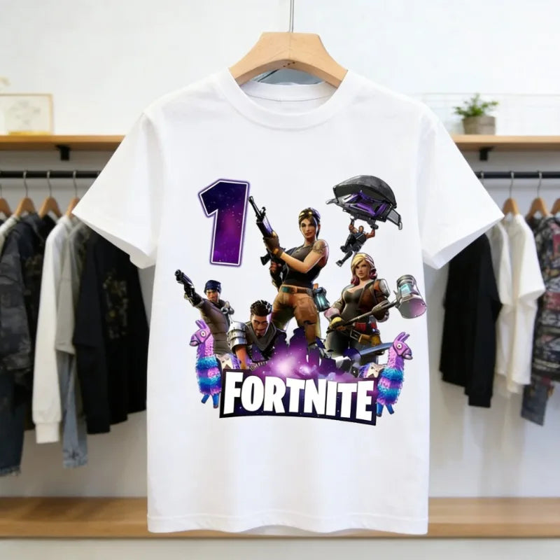 Fortnite Kinder-Geburtstagszahl-T-Shirt für Mädchen und Jungen, Sommerkleidung, Baby-T-Shirt aus Baumwolle, kurzärmliges Party-Oberteil, Geschenk für Kleinkinder