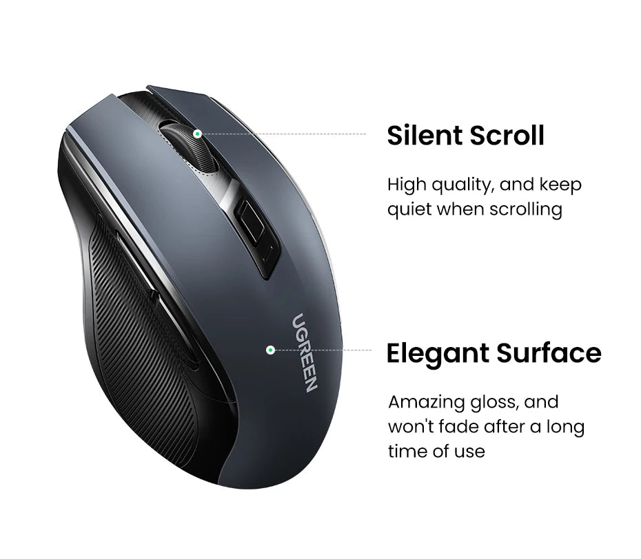 UGREEN belaidė pelė Bluetooth5.0, ergonomiška 4000DPI pelė su 6 tyliais mygtukais, skirta MacBook, planšetėms, nešiojamiesiems kompiuteriams, kompiuteriams ir PC, 2.4G pelė
