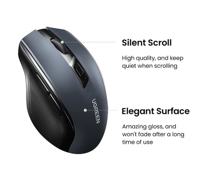 UGREEN belaidė pelė Bluetooth5.0, ergonomiška 4000DPI pelė su 6 tyliais mygtukais, skirta MacBook, planšetėms, nešiojamiesiems kompiuteriams, kompiuteriams ir PC, 2.4G pelė